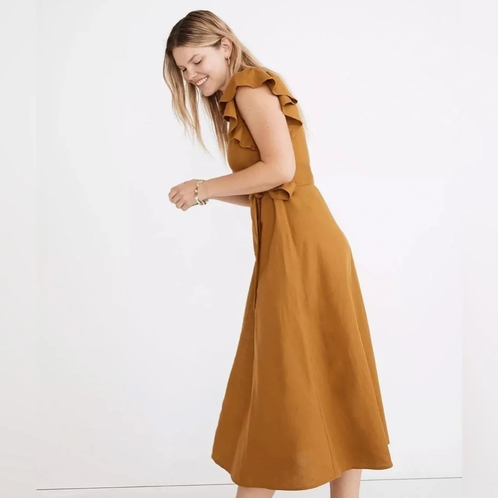 Madewell Linen-Blend Ruffle-Sleeve Wrap Midi Dress, Size S